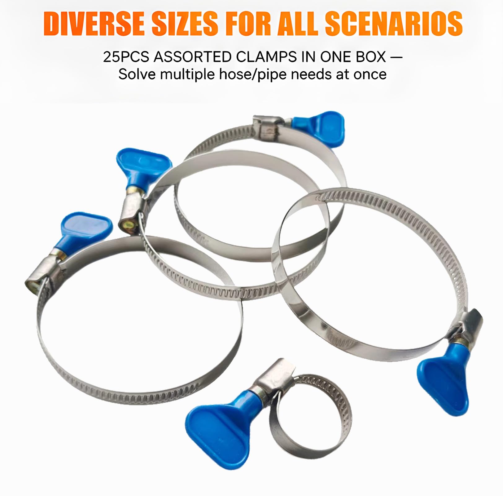 Juego de 25 abrazaderas ajustables de acero inoxidable para tubos y mangueras de 10-70 mm, con tornillo de mariposa, 5 tamaños útiles para agua, gas, piscina, uso doméstico e industrial