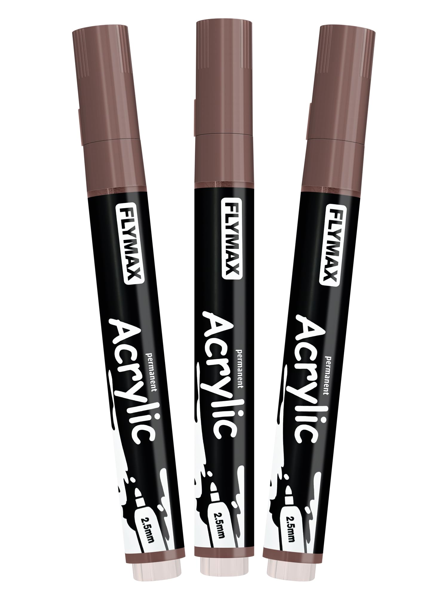 FLYMAX Brown Acrylic Marker 2.5mm - Permanent Marker Paint Acrylic Brown, Indeleble, Fine Point, Waterproof, Quick Dry (Pack of 3)