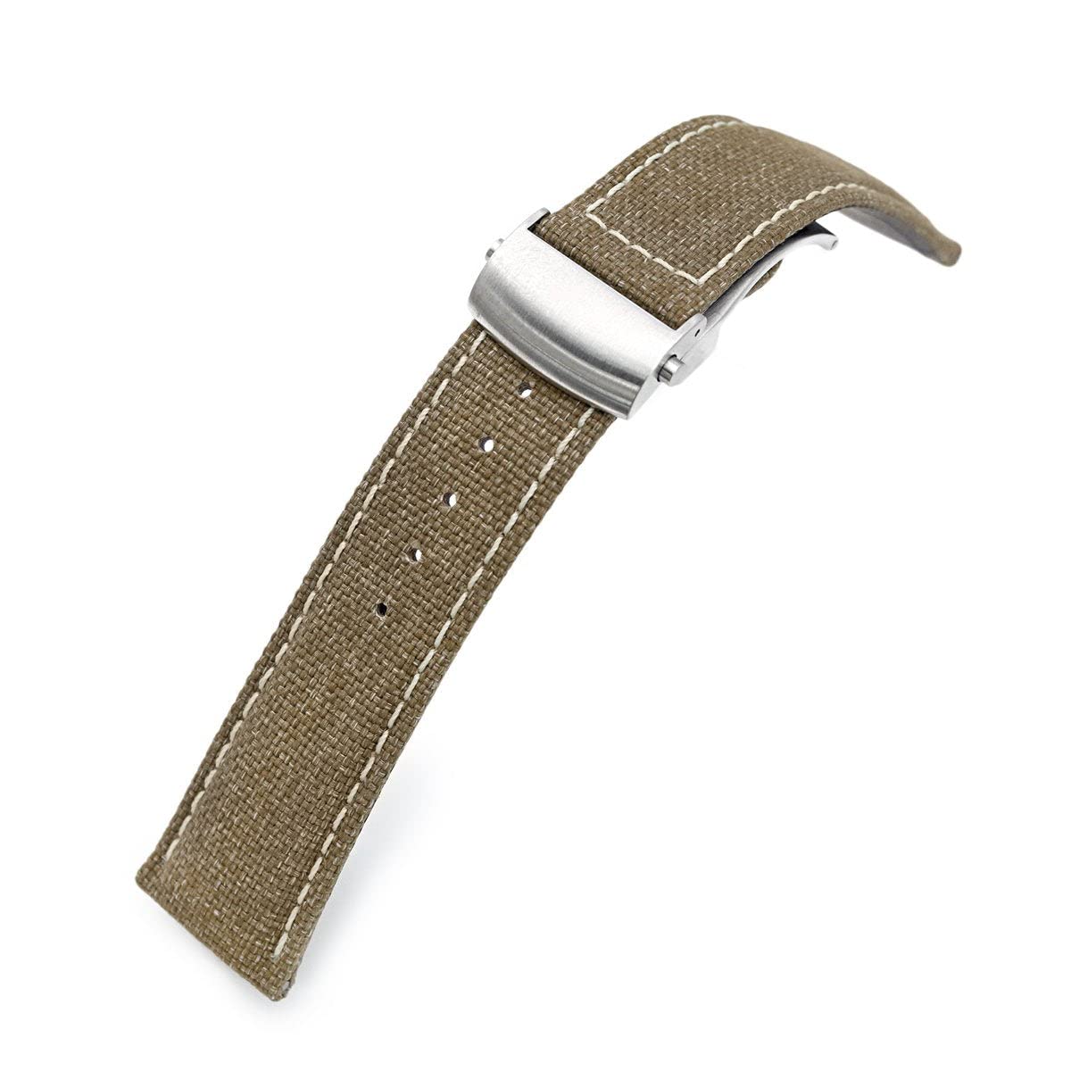 MiLTAT Bracelet de montre en toile kaki 20 mm Boucle brossée Boucle déployante à rouleau, coutures beiges