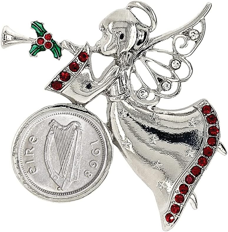 Brooch Irish Threepence Coin Jewelry- Angel Pin- Silvertone Bezel-Minted in Ireland Featuring Harp Side
