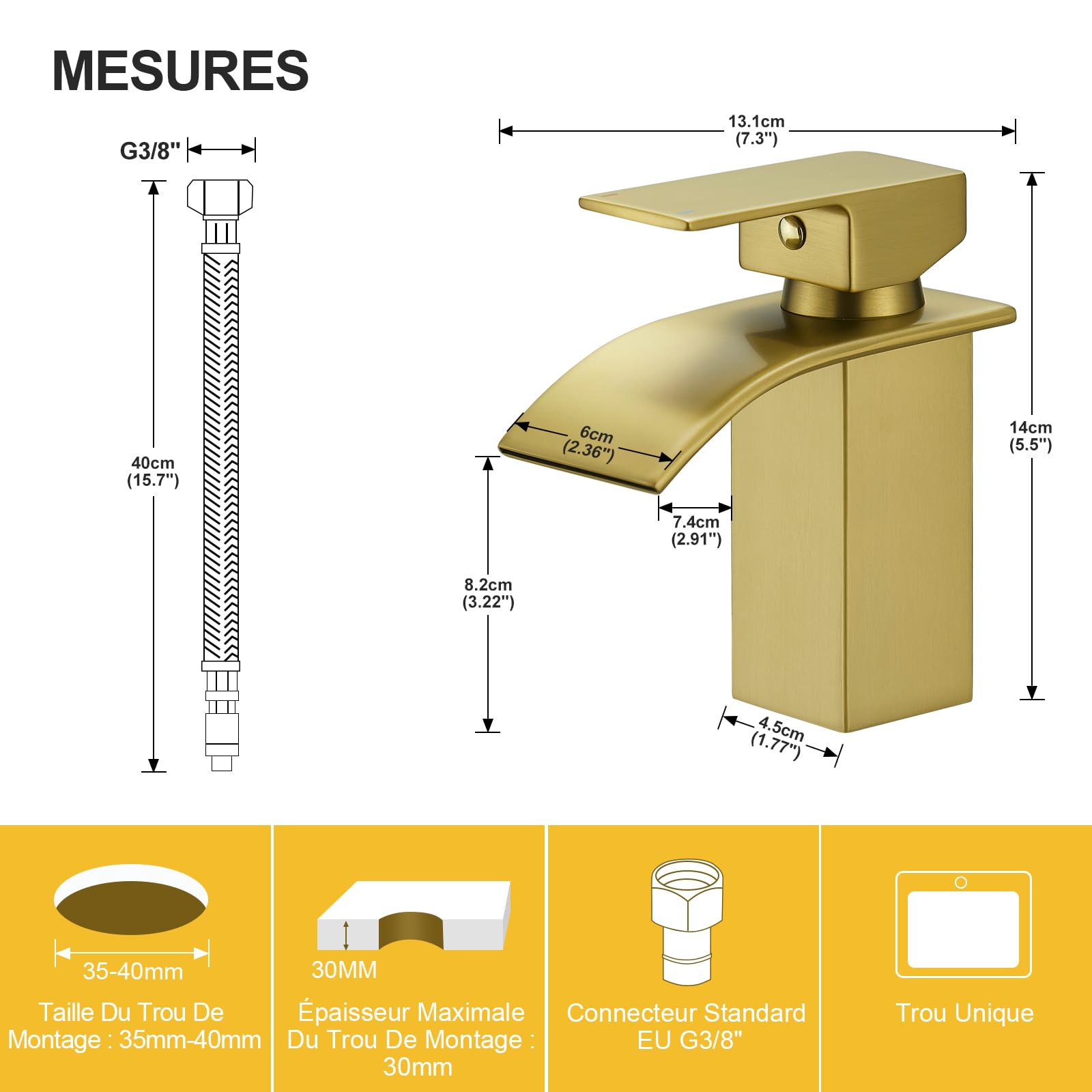 BESy Bec Cascade Robinet Salle de Bains, Mitigeur Lavabo à Une Poignée, Robinet Lavabo RV, Acier Inoxydable, Finition Dorée Brossée