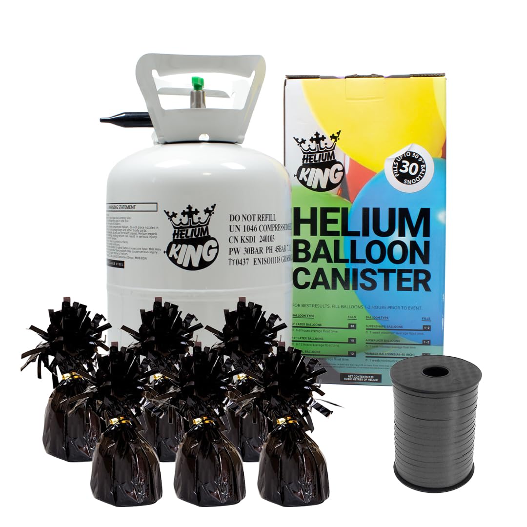 Small Helium Canister with Curling Ribbon and 6 Black Foil Balloon Weights