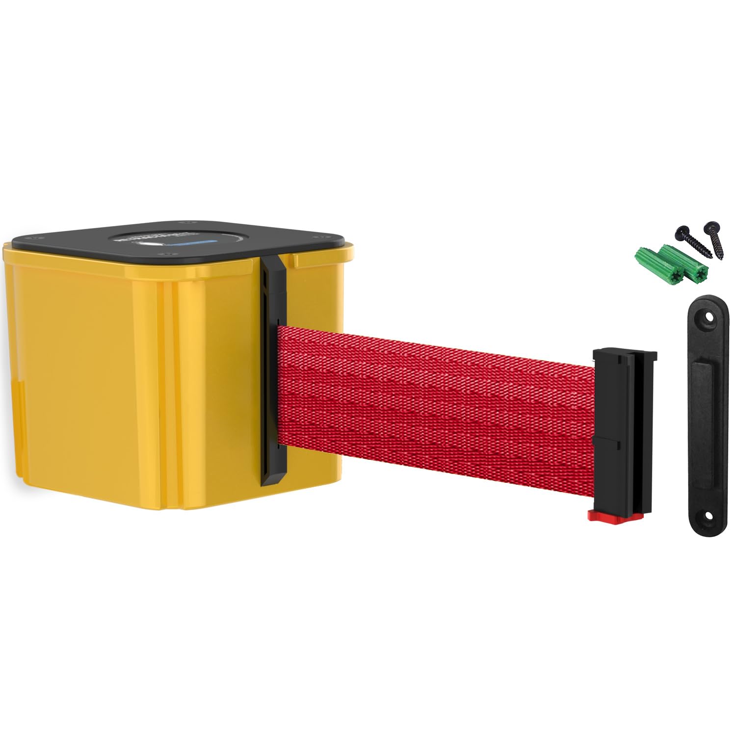 Visiontron WM412 Retractable Belt Wall Mounted Yellow Crowd Control Barrier and Receiving End, 30' Red Belt
