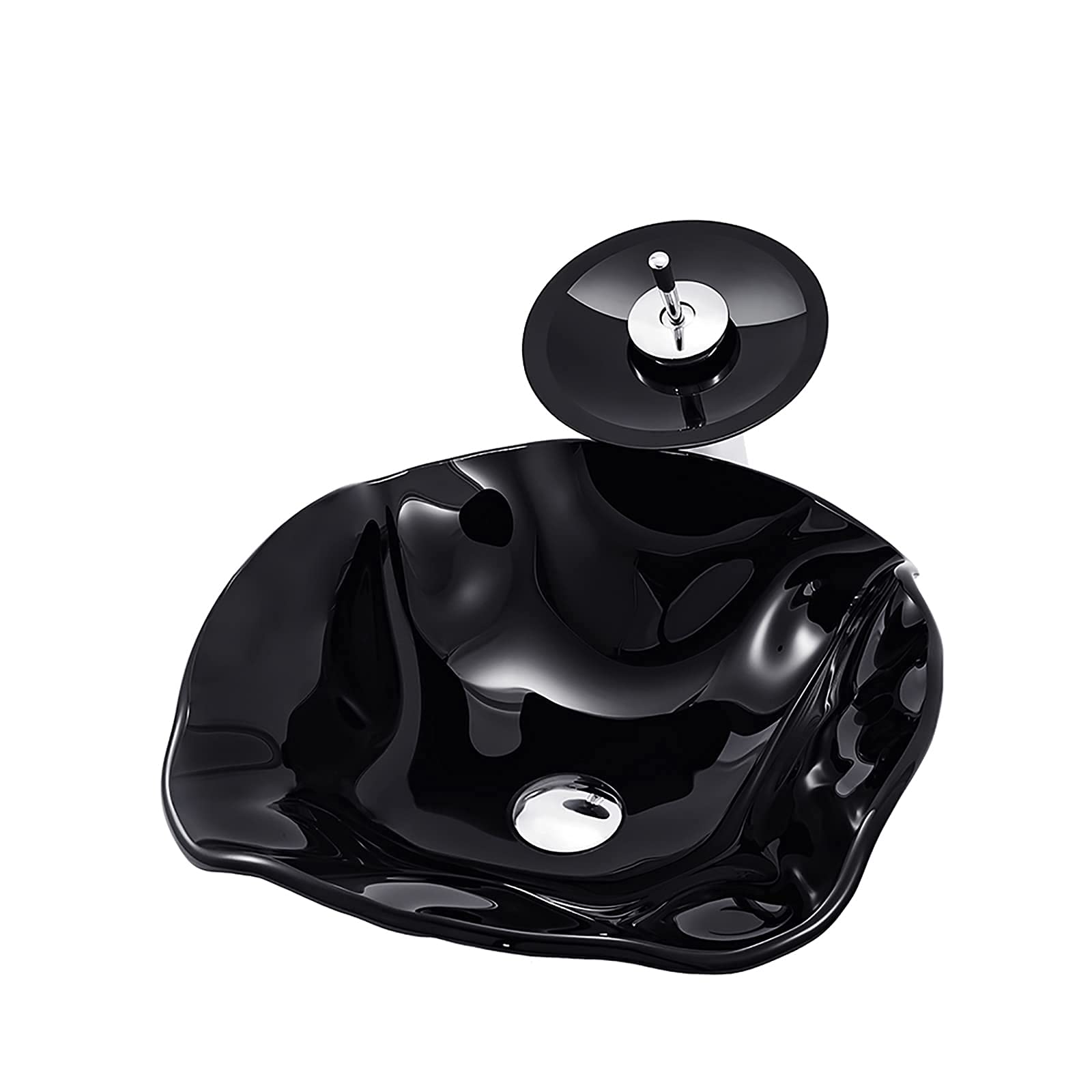 Fregadero de baño con combinación de Grifo y desagüe, Lavabo de contenedor, Lavabo sobre encimera de Vidrio Templado, Lavabo sobre encimera de Cuenco Negro de Forma Irregular