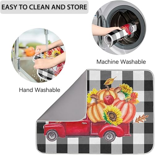 Miniatura 4 de Tapete de secado de platos de Acción de Gracias para encimera de cocina, otoño, cosecha de calabaza, camión rojo, almohadilla de secado absorbente,