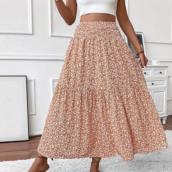 Floral Skirts for Women Summer Floral Smocked High Waisted Skirts Pleated Ruffle Tiered Beach Maxi Skirts with Pockets3