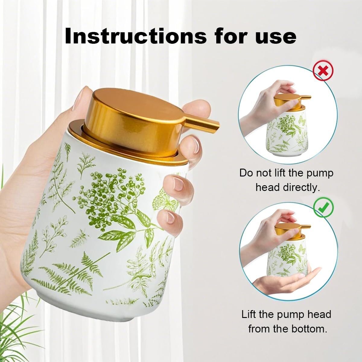 Set di accessori da bagno in ceramica con motivi vegetali, accessori con dispenser di sapone, piatto, bicchiere, decorazione per la casa, decorazione costiera (set da 3 pezzi, verde)