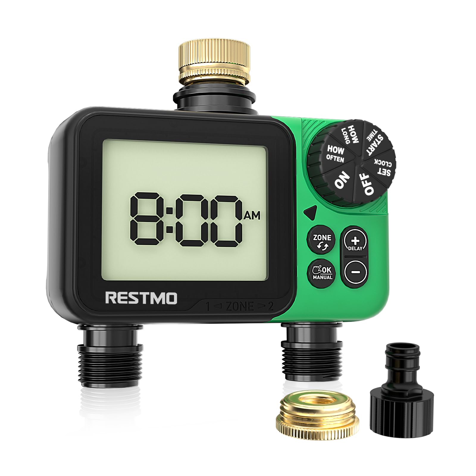 RESTMO Oversized LCD Water Timer for Outdoor Hose Faucet, Up to 11h59m Programmable Sprinkler Timer for Soaker Hose, Misting with Brass Inlet, Rain Delay/Manual/Automatic Irrigation System, 2 Zone