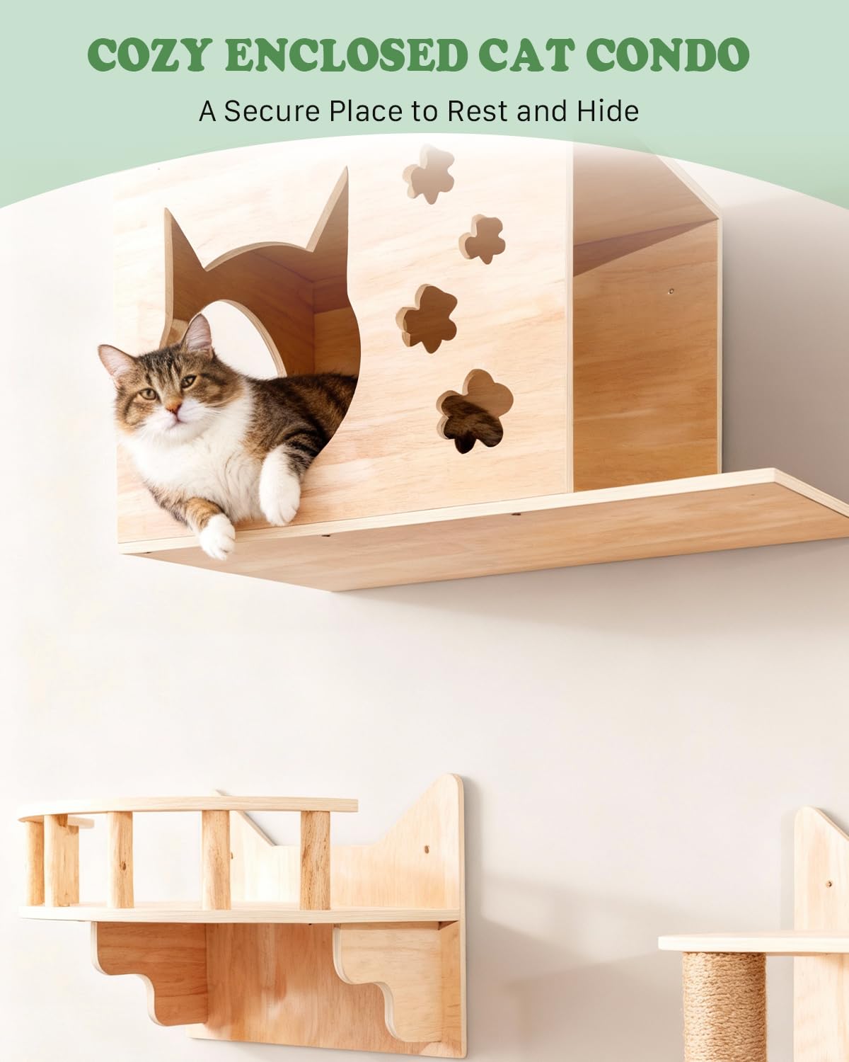 Estantes de Pared para Gatos 6 en 1, con Cueva, Torre hasta 15 kg | Estanterías para Gatos con Plataformas, Poste de Escalada y Rascador, Espacio Vertical con Zonas de Descanso y Áreas de Juego