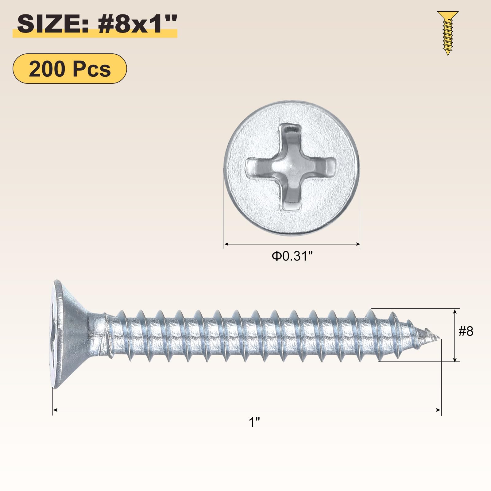 METALLIXITY Countersunk Phillips Wood Screws (#8x1") 200Pcs, Carbon Steel Coarse Thread Phillips Drive Flat Head Wood Screws - Image 2