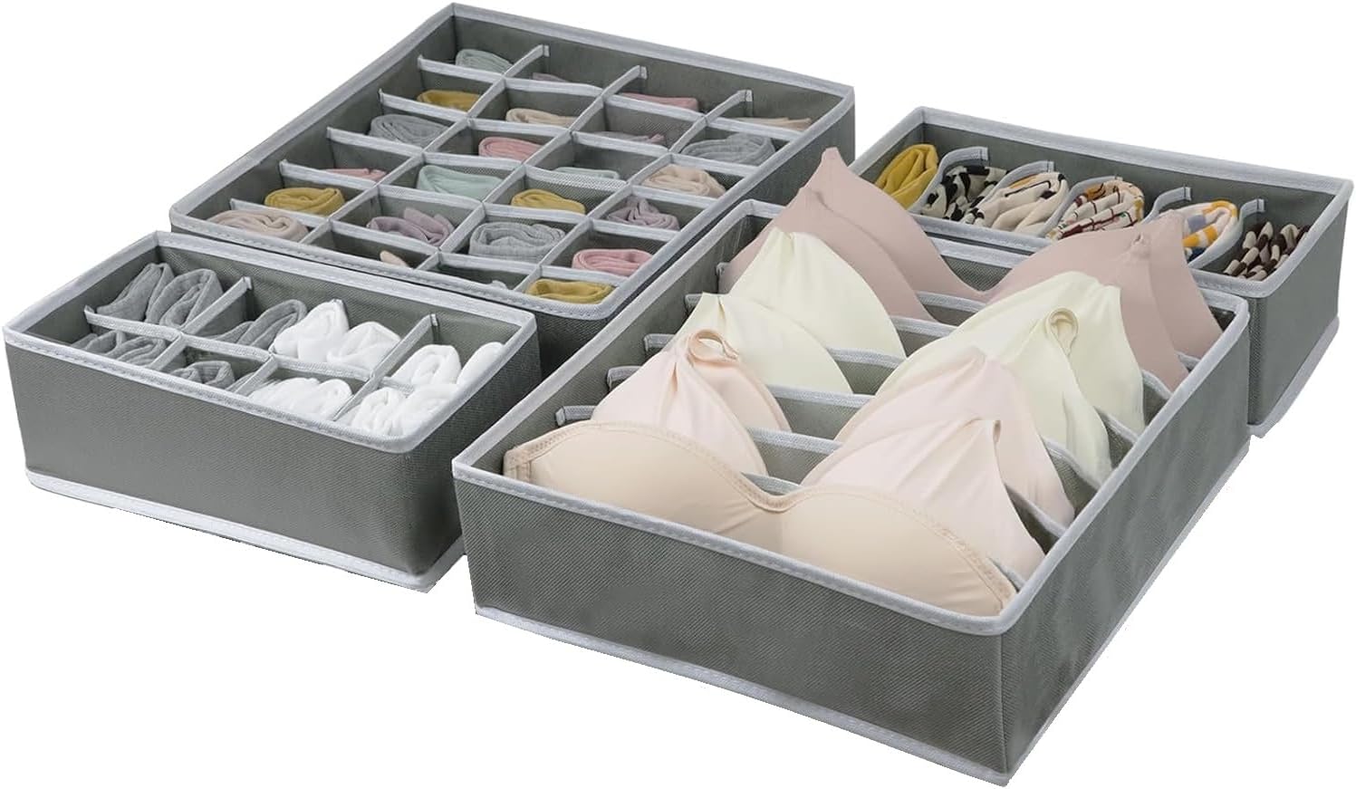 Lukzer Set of 4 Foldable Storage Box Drawer Divider Closet Organizer for Socks Bra Tie Scarf Suitcase Organizer for Undergarments T-shirts (Grey/4 Size Set)