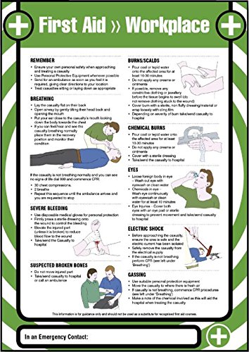 Póster de 1 auxilio, laminado, altura externa 594 mm, ancho externo 420 mm, color de señal múltiple, señalización leyenda salud y seguridad en el trabajo, material de la señalización de plástico