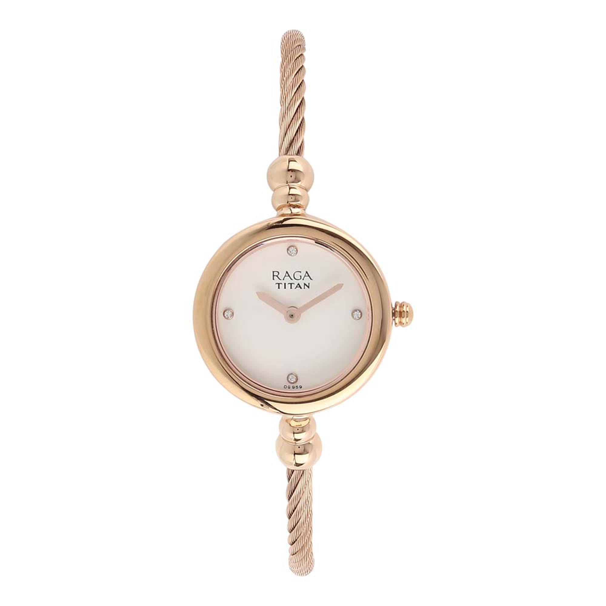 Titan Raga Analogue White Round Dial Rose Gold Metal Strap Watch for Women -2586WM01
