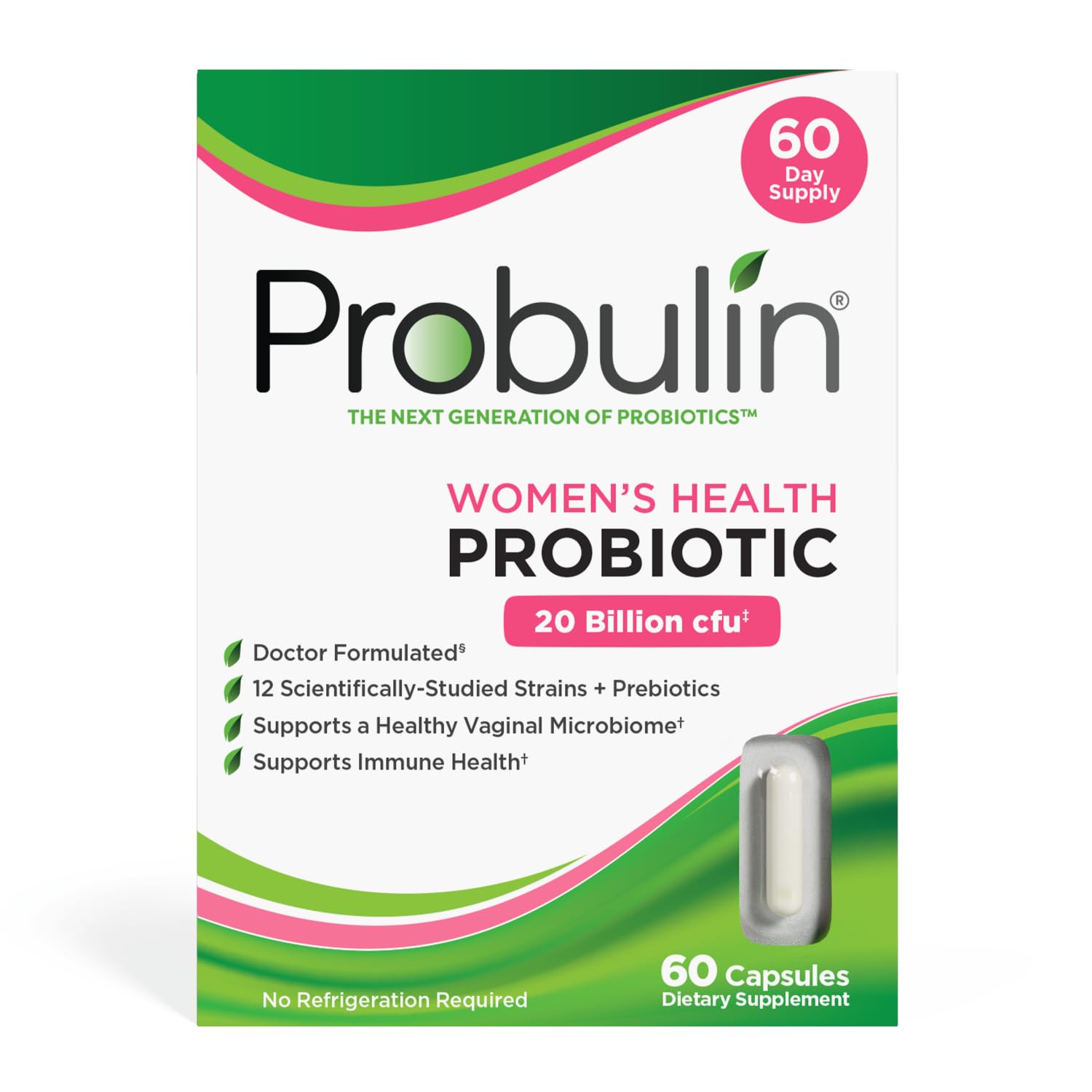 Probulin Women’s Health Probiotic + Prebiotic for Vaginal, Gut & Immune Health - 20 Billion CFU - 12 Probiotic Strains, 60 Vegan Capsules
