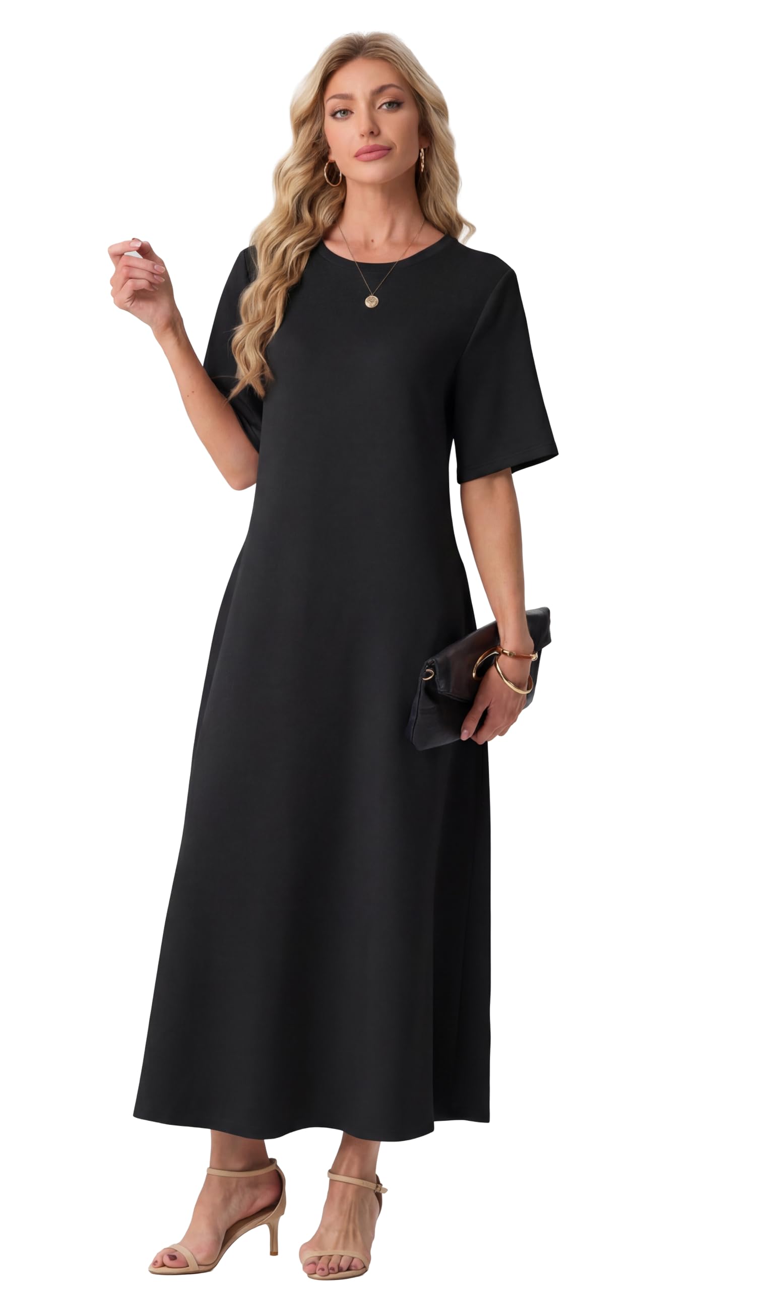 GRECERELLE Damskie letnie sukienki UK sukienka maxi z krótkim rękawem z kieszeniami damskie eleganckie sukienki świąteczne na co dzień dla kobiet oddychająca sukienka przeciwsłoneczna