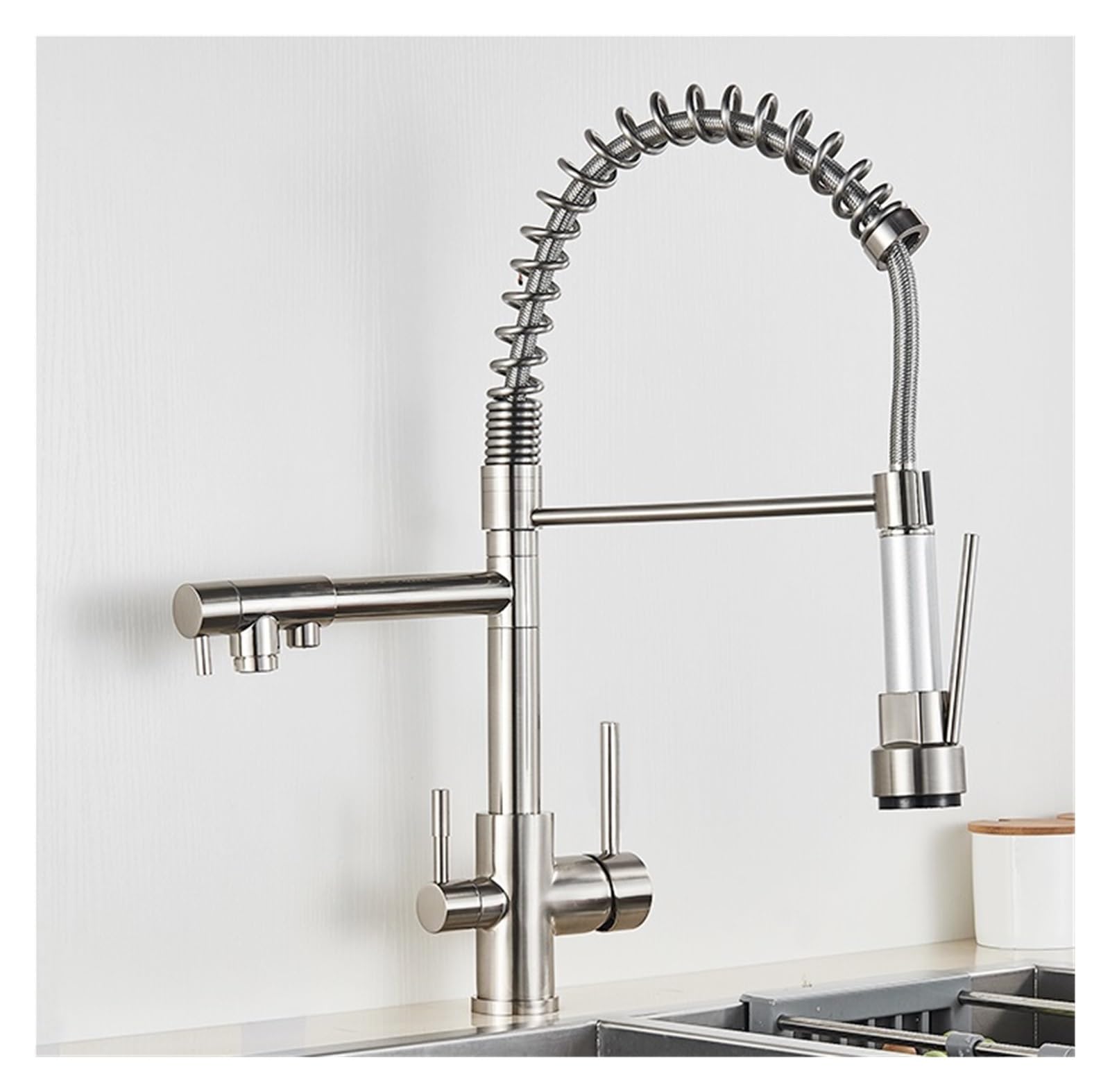 Robinet de cuisine à eau purifiée avec filtre intégré et bec extractible nickel brossé