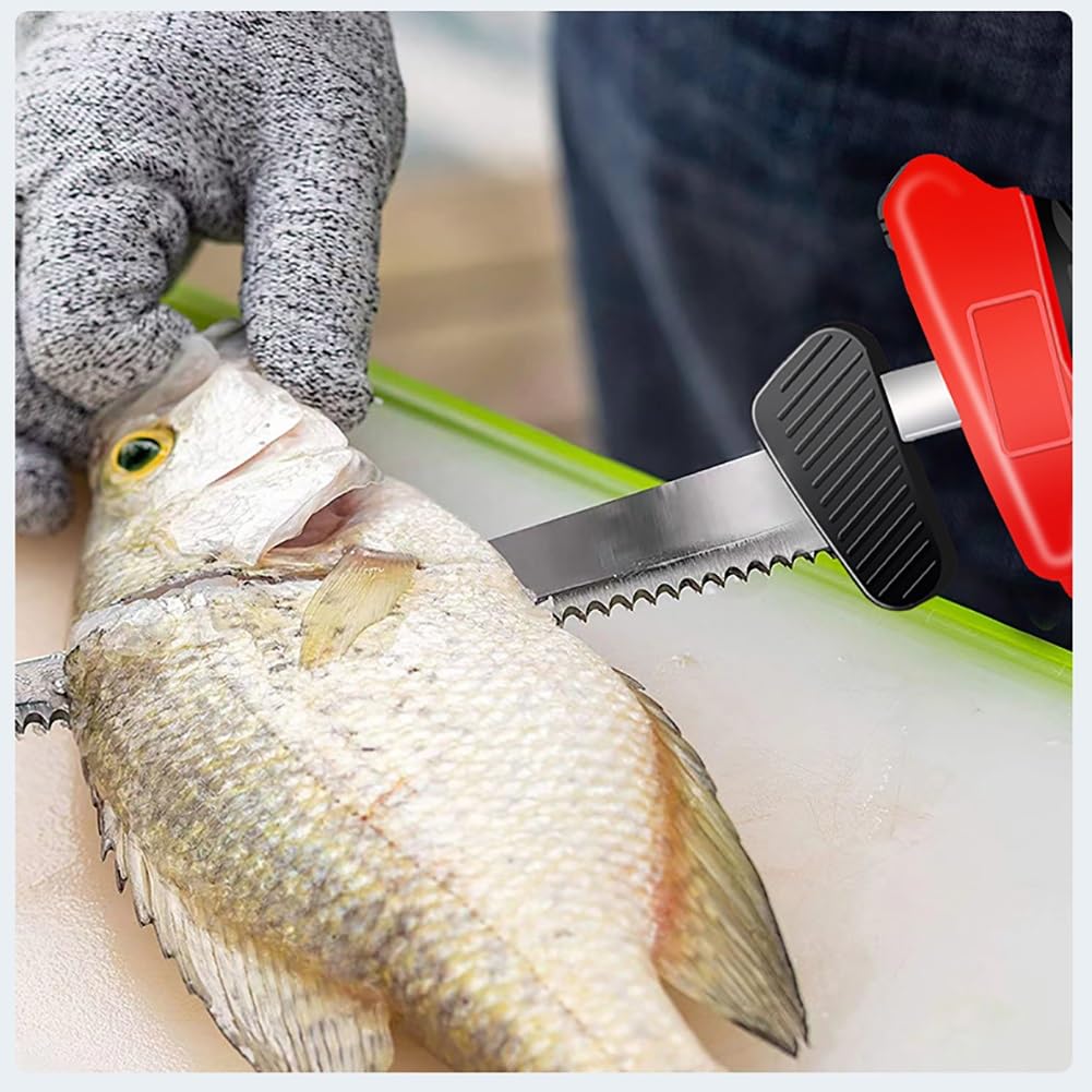 Cuchillo for filetear pescado inalámbrico, cuchillo for filetear eléctrico for pescado con 4 cuchillas alternativas antiadherentes recubiertas de nitruro de ti, cerradura segura, 2 baterías y bolso fo