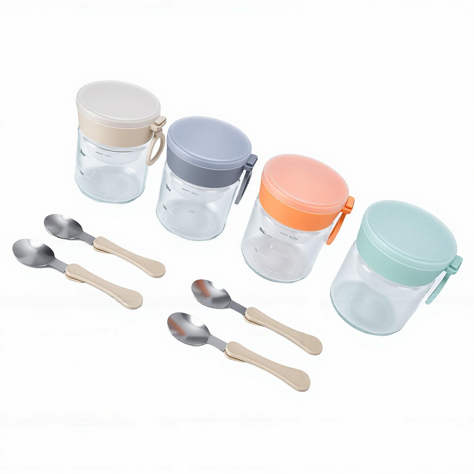 4er-Set Vorratsgläser mit Klapplöffeln und Unterteilten Kammern, Luftdichte Glasbehälter für Joghurt, Salat, Snacks und (16oz/480ml)