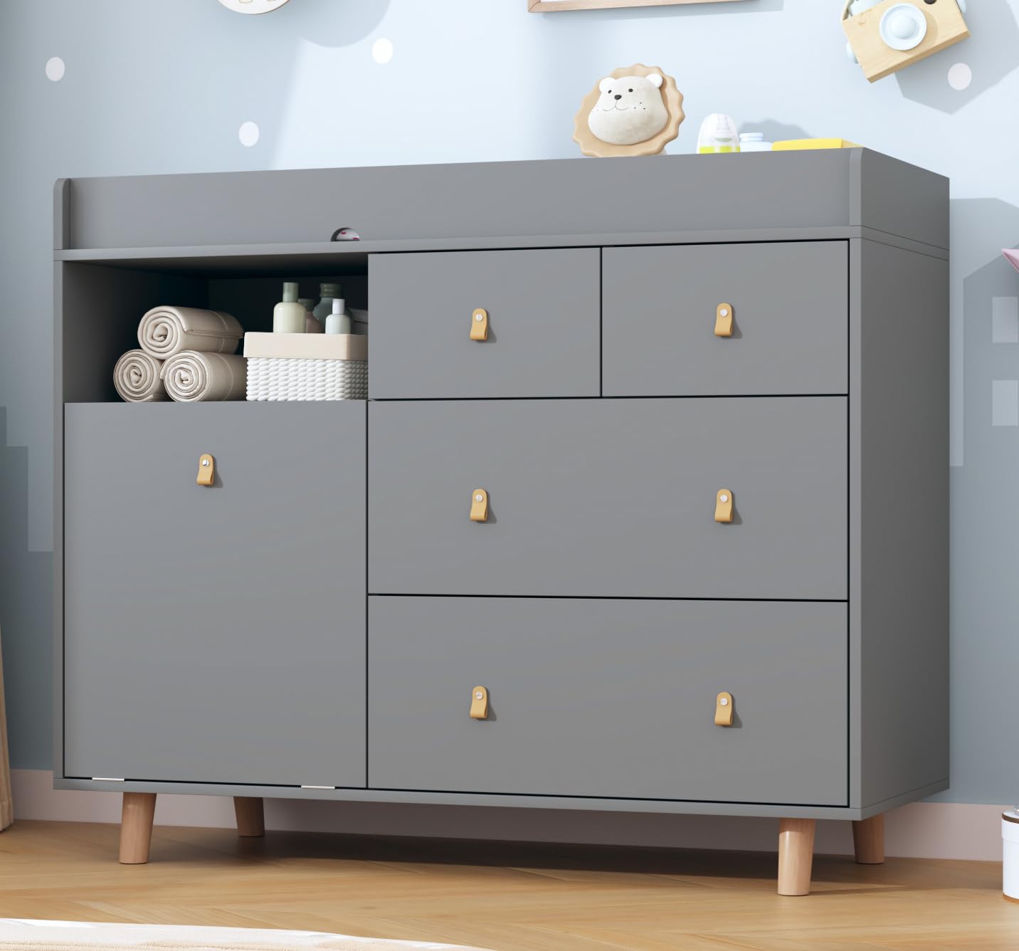 Timechee Baby Changing Table Dresser, Modern Nursery Changing Dresser Chest for Infants with 5 Drawers & 1 Shelf, Large Storage Diaper Changing Station for Daycare, Gray