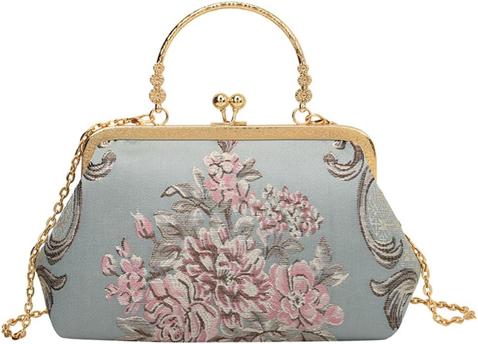 Women Vintage Flower Embroidery Handbag Evening Purse Crossbody Shoulder Bag with Chain Strap