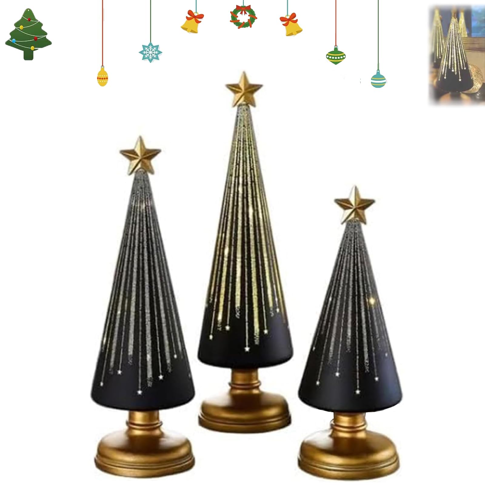 Timer Lighted Sparkling Starry Night Glass Trees,3 Stück Starry Night Bäume,Gradient Glass Weihnachtsbaum Mit LED-Licht,Festliche Lebkuchen-Design Dekoration Für Resin-Weihnachtsanhänger-Black||3pcs