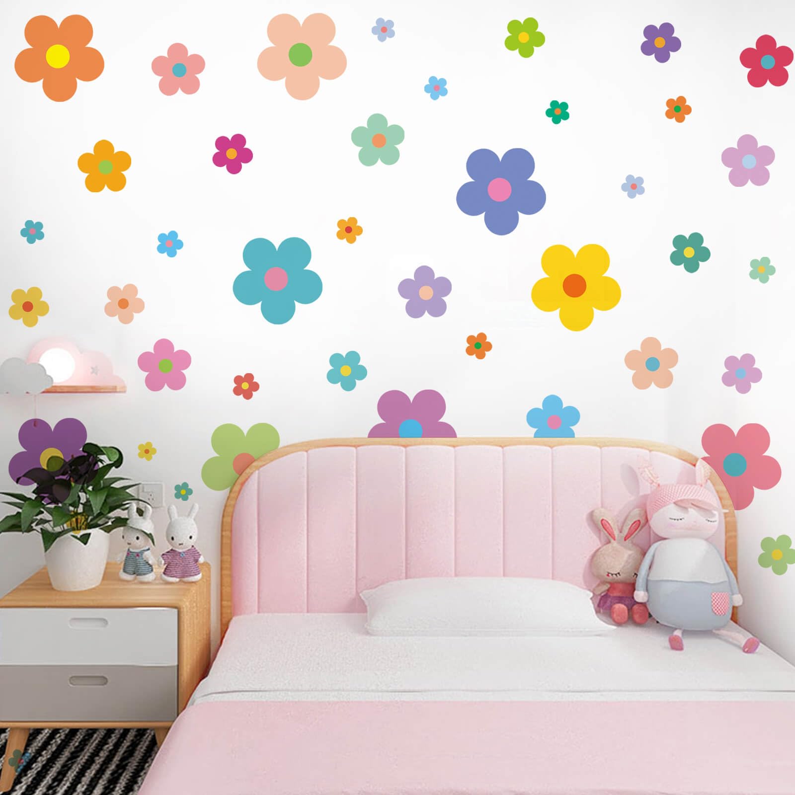 Dayker 63pcs Cute Flowers Wall Sticker, Colorful Floral Wall Decal, Removable Vinyl Peel and Stick Wall Decor