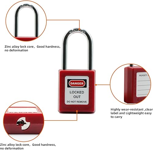 Miniatura 6 de 5 candado de seguridad compatible con OSHA, con llave diferente, 2 llaves por cerradura, grillete de acero, cilindro de bloqueo de aleación de zinc