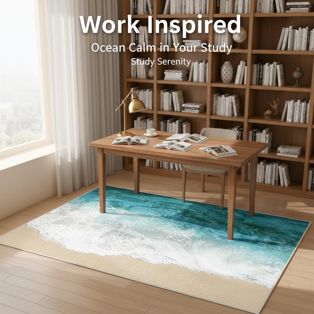 3D Visual Coastal Rugs with Ocean Beach Carpet, 3.9’x5.2' Large Blue Sea Wave Beachy Rug for Livingroom-Non-Slip Nautical Area Mats for Home Tropical Decor (Ocean)