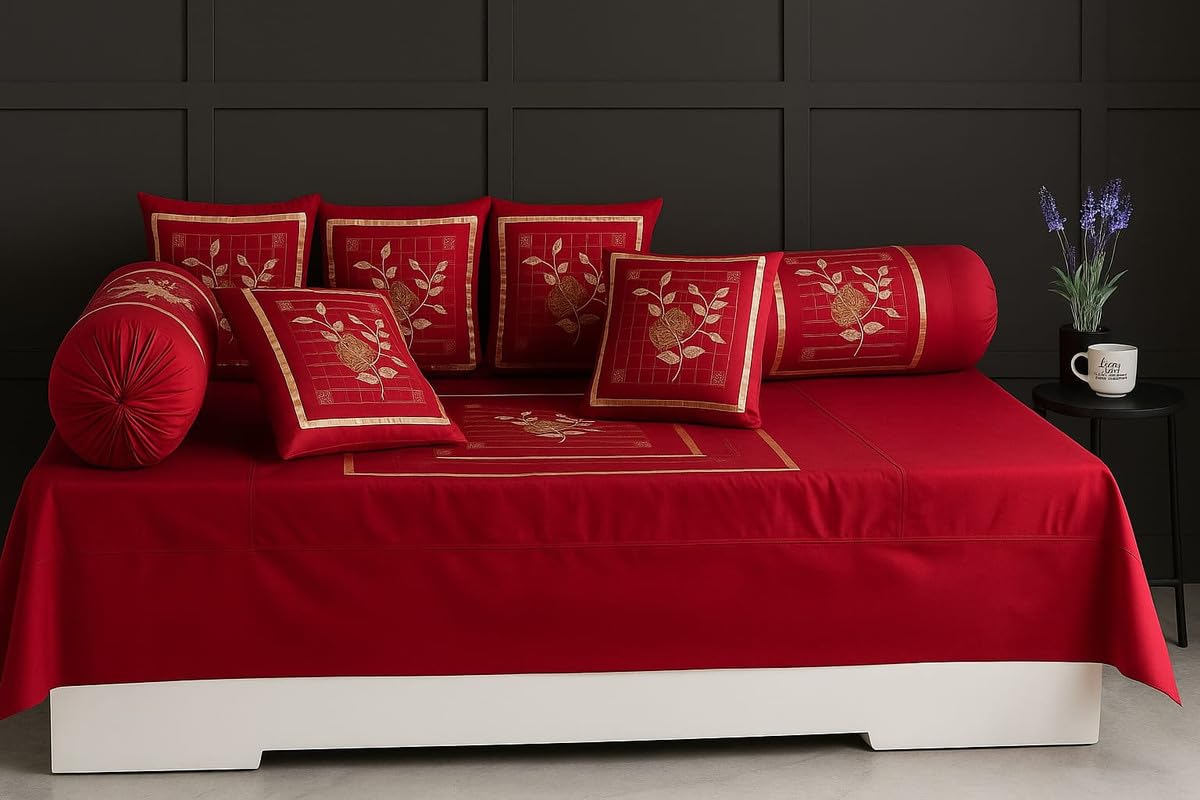 Jai GANGA Rose Designer Diwan Set with Premium Cotton Embroidery | Complete Diwan Set with 1 Bedsheet, 2 Matching Booster Covers & 5 Cushions Cover Pack 1 Red-image-36