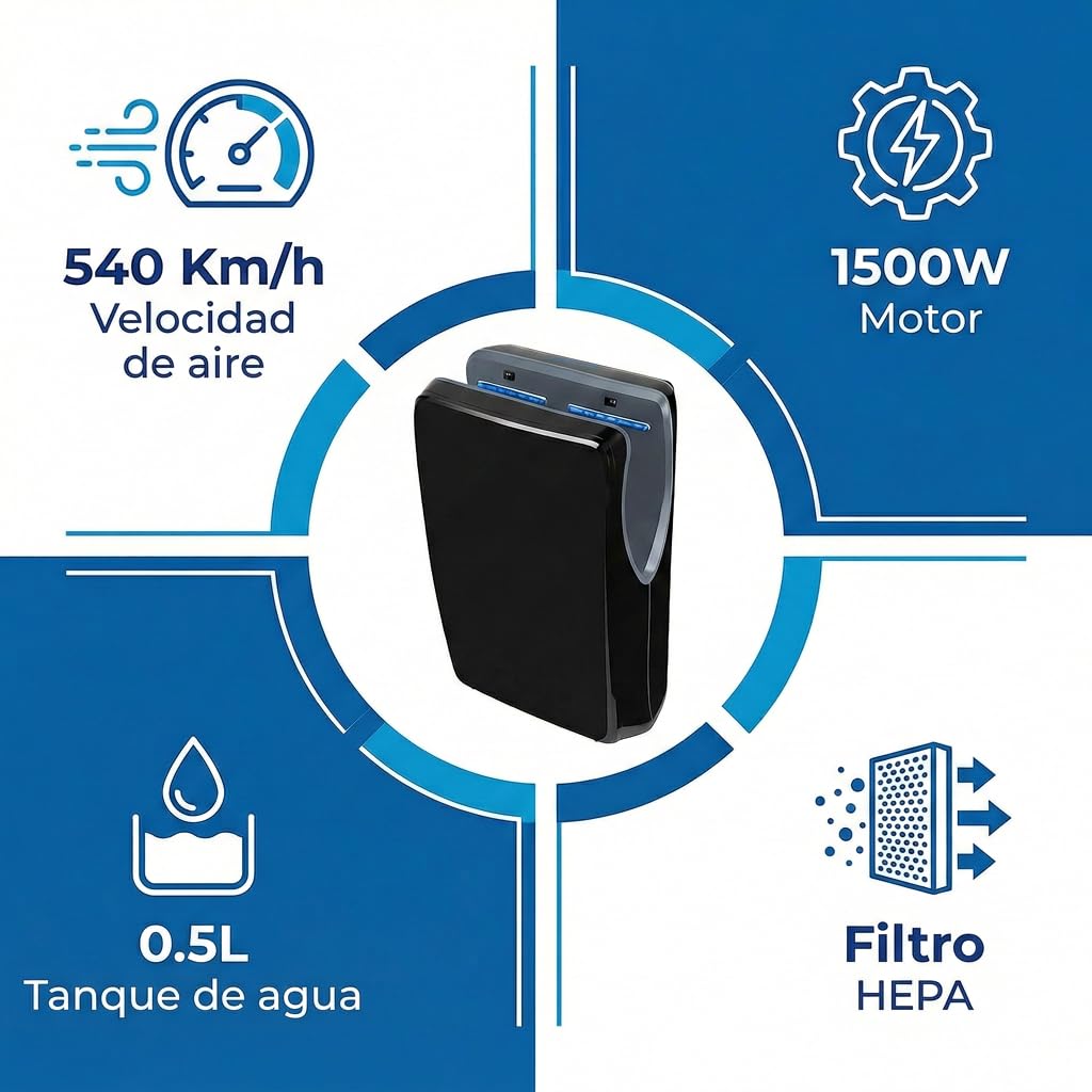 Secador de Manos Comercial Jofel Jet Smart de Alta Velocidad, Cortina de Aire Automática (540 Km/h, 1500W), Montaje en Pared con Filtro HEPA, Carcasa ABS Antibacteriana, Hecho en la UE, Negro Mate
