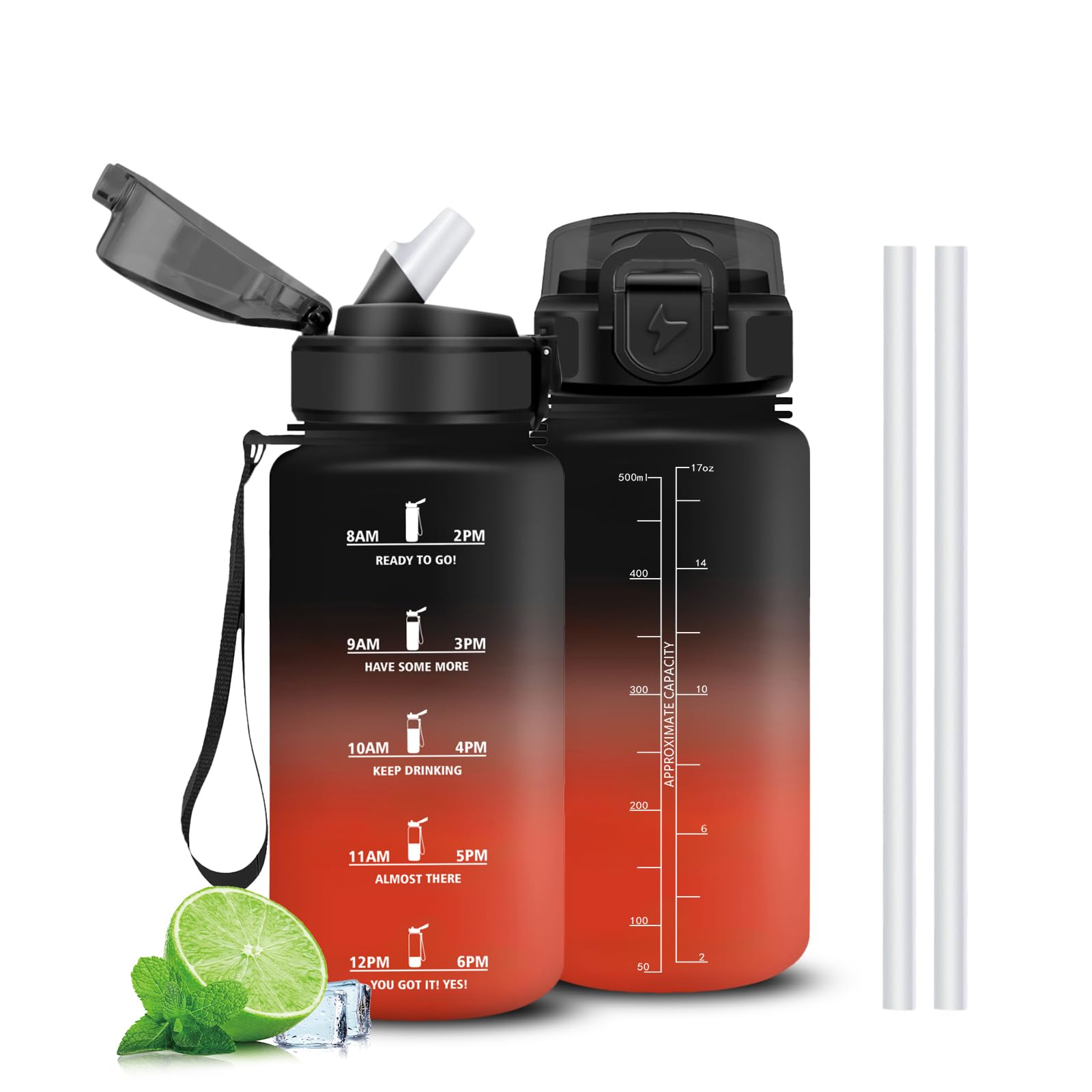 Gourde 500ml, Gourde Enfant avec Marqueur de Temps, Verrou de Sécurité, Anti Fuite Bouteille d'eau Motivation, Facile à Nettoyer, Gourdes avec Paille pour École, Velo, Gym