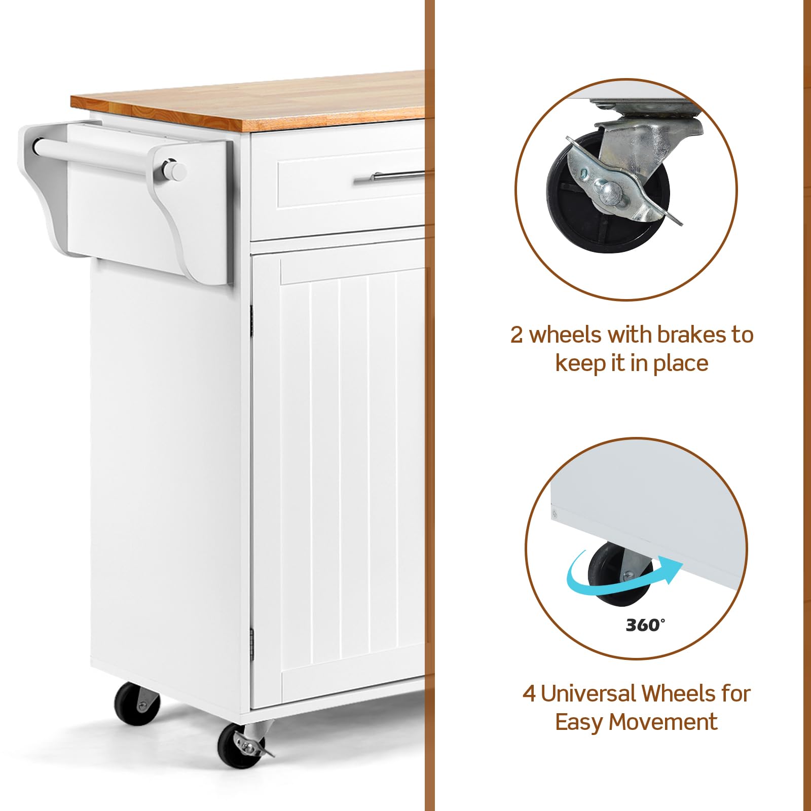 KOMFOTTEU Carrito de Cocina con Ruedas, Carro de Servicio con Encimera de Madera de Caucho, Isla de Cocina con Cajones, Toallero y Estantes Ajustables, Carrito Auxiliar, 122 x 46 x 92 cm (Blanco)