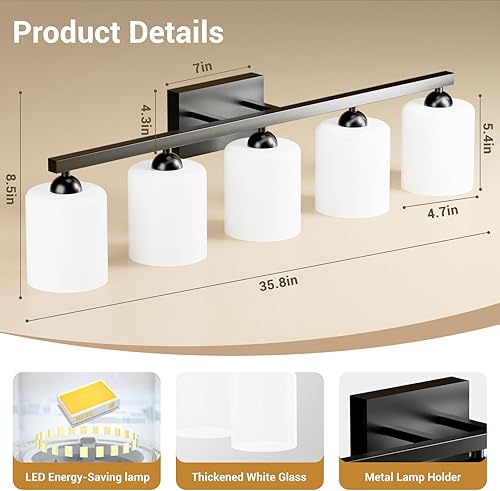 Miniatura 13 de Quntis Lámparas de baño negras de 4 luces con 5 modos de color, lámpara de tocador moderna regulable de 27 pulgadas sobre espejo, lámpara de pared