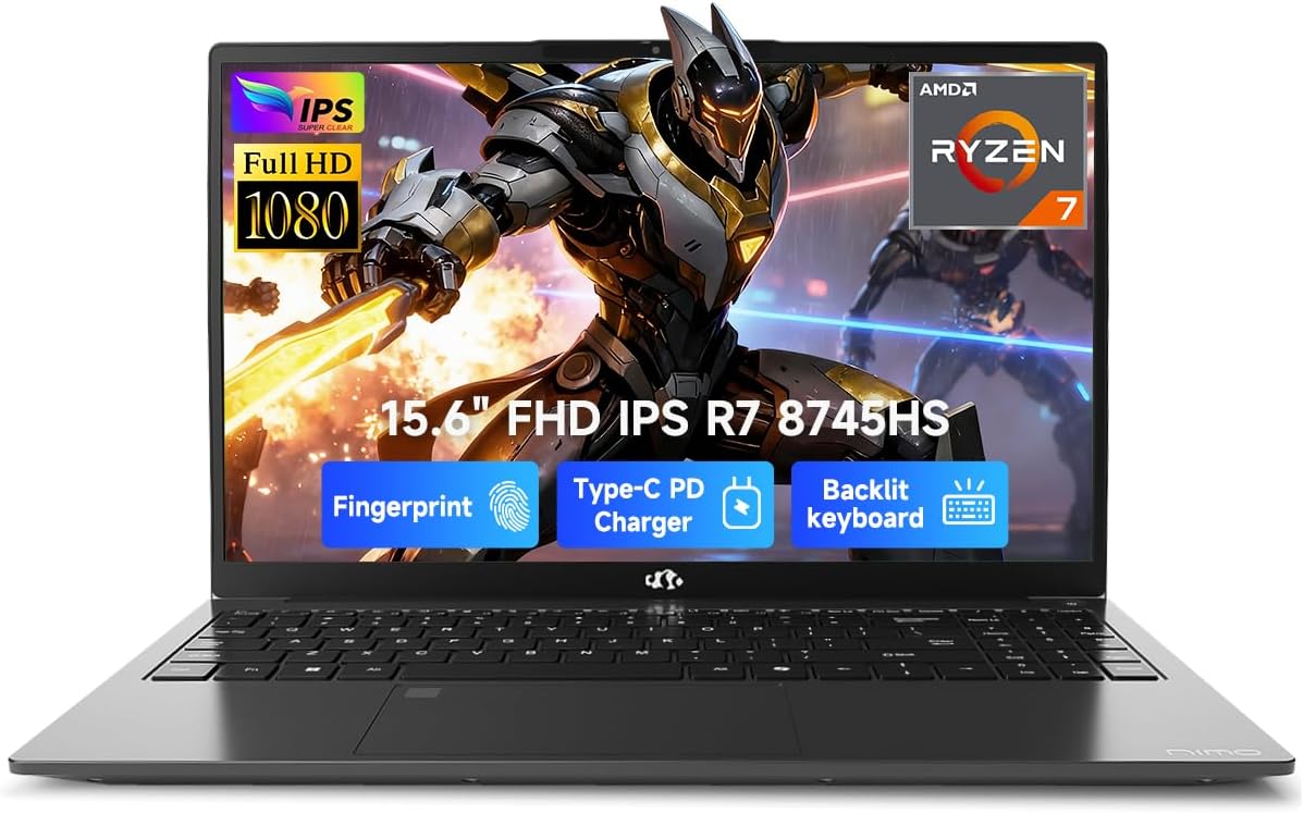 NIMO 15.6" IPS FHD-Gaming-Laptop, AMD Ryzen 7 8745HS 32GB DDR5 RAM 1TB SSD (Beat R9 6900HX, up to 4.9GHz) Radeon 780M GPU Business Computer with 100W Type-C Backlit Keyboard, Fingerprint USB-C 4.0