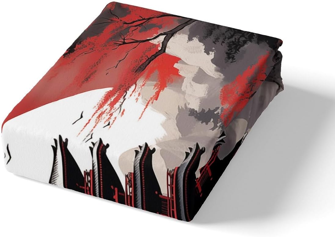 Red Flower Maple Leaves Duvet Cover Queen for Kids Boys,Lake Scenery Building Bedding Set with Zipper Closure Quilt Cover,Chinese Style Tower Comforter Cover 3 Pcs,Ultra Soft(No Filler)