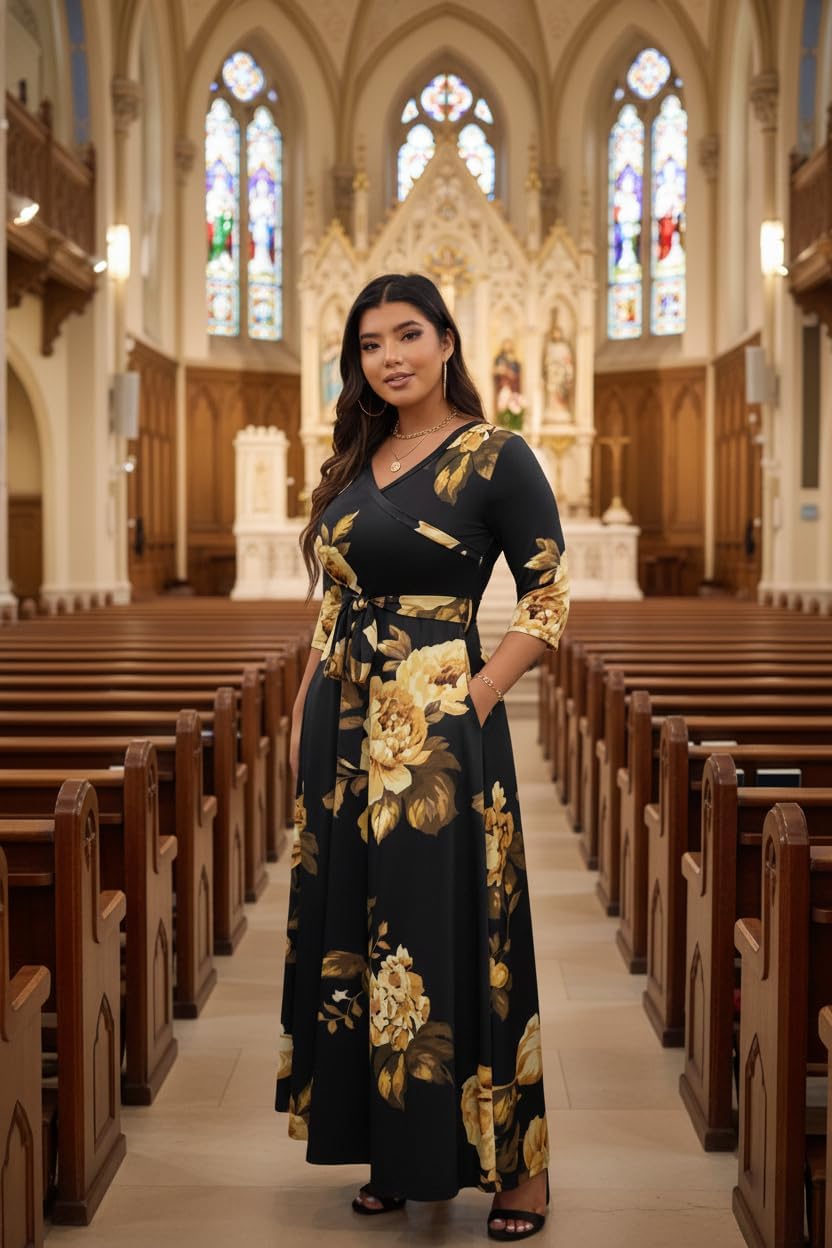 FANDEE Plus Size Maxi Dress Casual 3/4 Sleeve V-Neck Floral Flowy Long Dress with Belt - Image 3