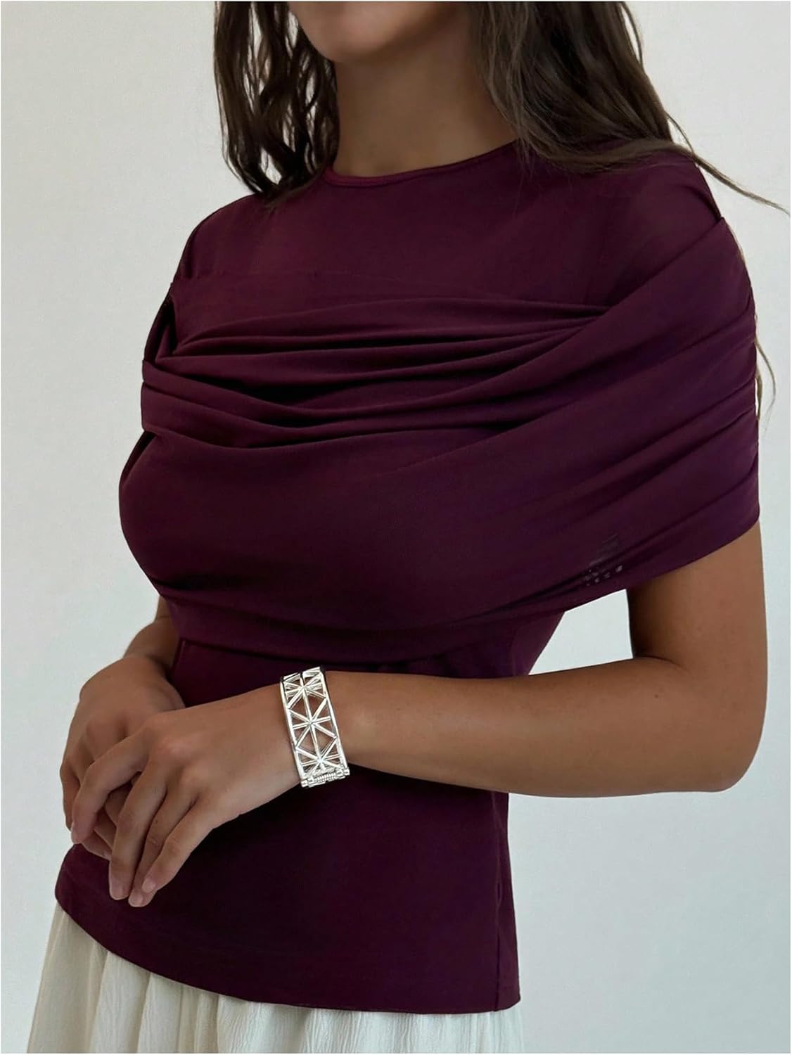 Milumia Women's Ruched Short Sleeve Mesh Top Elegant Cinched Waist Dressy Casual Tops - Image 2