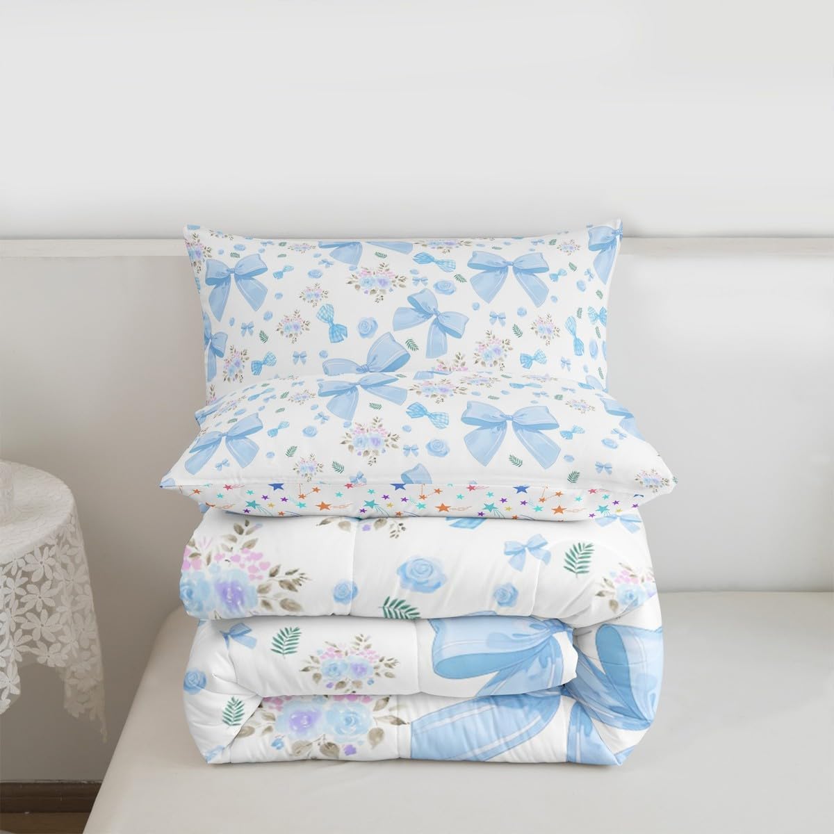 Feelyou Blue Bow Comforter Set All Season Girls Bow Bedding Set with 2 Pillow Cases Kawaii Microfiber Kids Queen Bedclothes Cute Bowknot Bedroom Decor Dreamy Princess Style Duvet Quilt Soft image 4