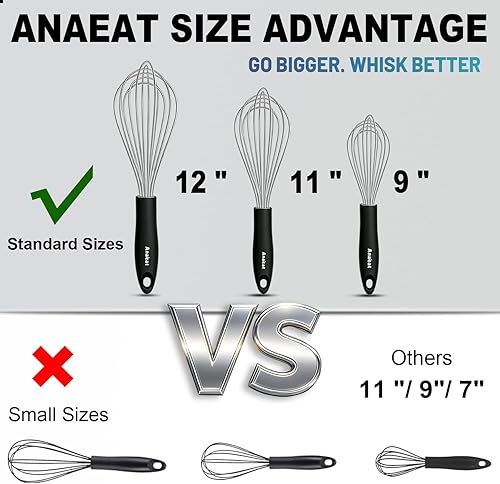 Vista 4 de Anaeat - Juego de 3 batidores de acero inoxidable – Batidor de globo, Anaeat alambre de acero inoxidable grueso y asas fuertes, batidor de huevos