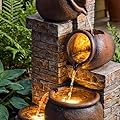 Dalxo 44-Inch Outdoor Water Fountain, 5-Tier Floor Standing Cascading Jars and Stacked Stones Resin Waterfall Fountain with 4 LED Lights, Home Decor for Garden, Patio, Yard, Farmhouse or Deck in Brown