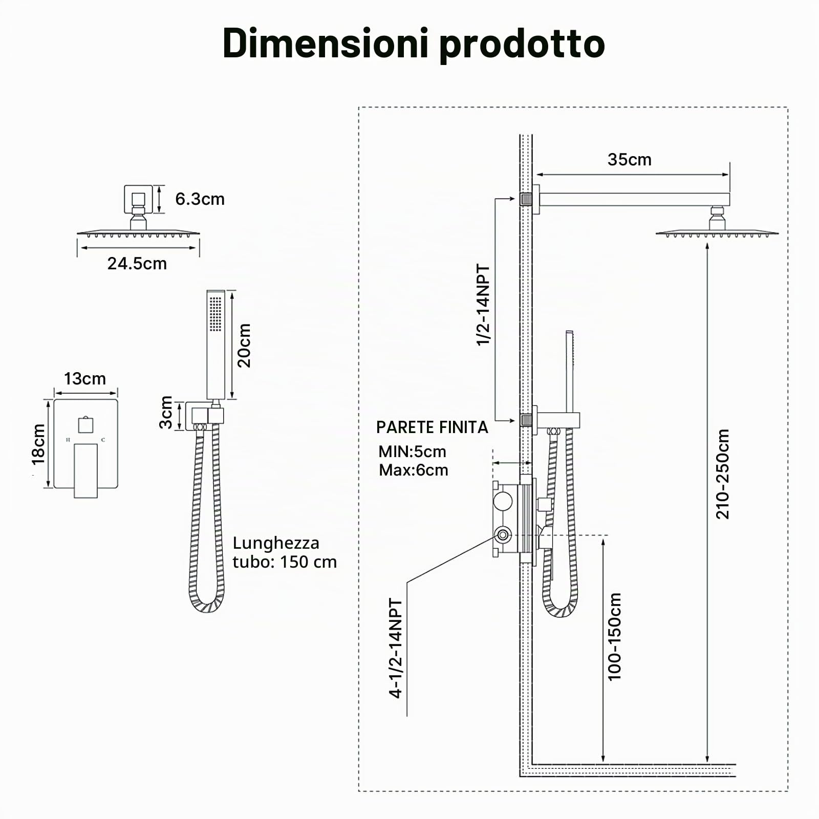 Sistema Doccia Set Doccia Completo Nero Opaco, Sistema Soffione a Pioggia con Miscelatore Incasso, Soffione Doccia a Parete 25x25cm Incluso Doccetta e Kit di Rifinitura Quadrato