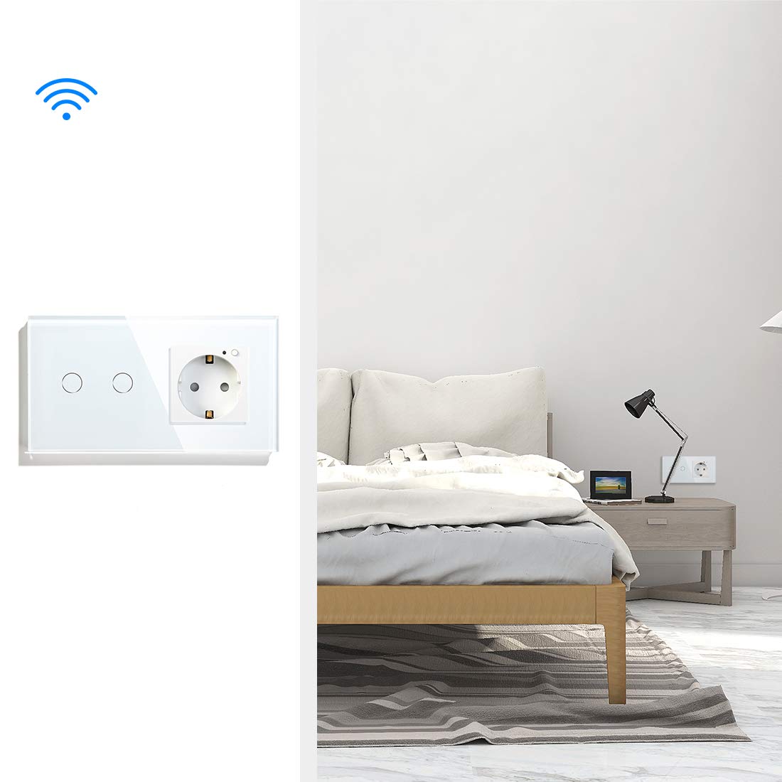 BSEED WiFi Smart Alexa Lichtschalter mit Steckdose, Kompatibel mit Google Home Tuya, Glas Touchscreen-schalter Wlan Lichtschalter 2 Fach 1 Weg Weiß (Neutrale Leitung Benötigt) 2er Pack