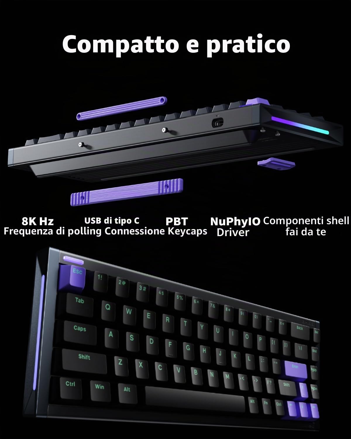 NuPhy X BH65 Tastiera da Gioco in Alluminio 68 Tasti RGB Rapido Trigger Cablato Personalizzato Hall Effect Tasti PBT, Punto di Controllo