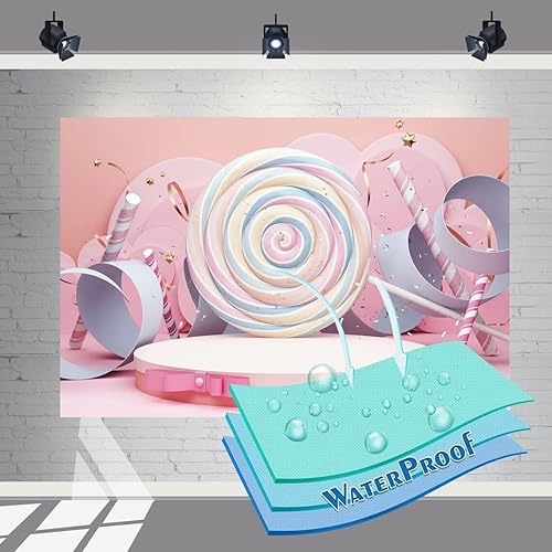 Miniatura 4 de Telón de fondo de piruleta rosa de 5 x 3 pies para decoración de fiesta de cumpleaños. Fondo de barra de caramelo rosa para cumpleaños. Cartel de