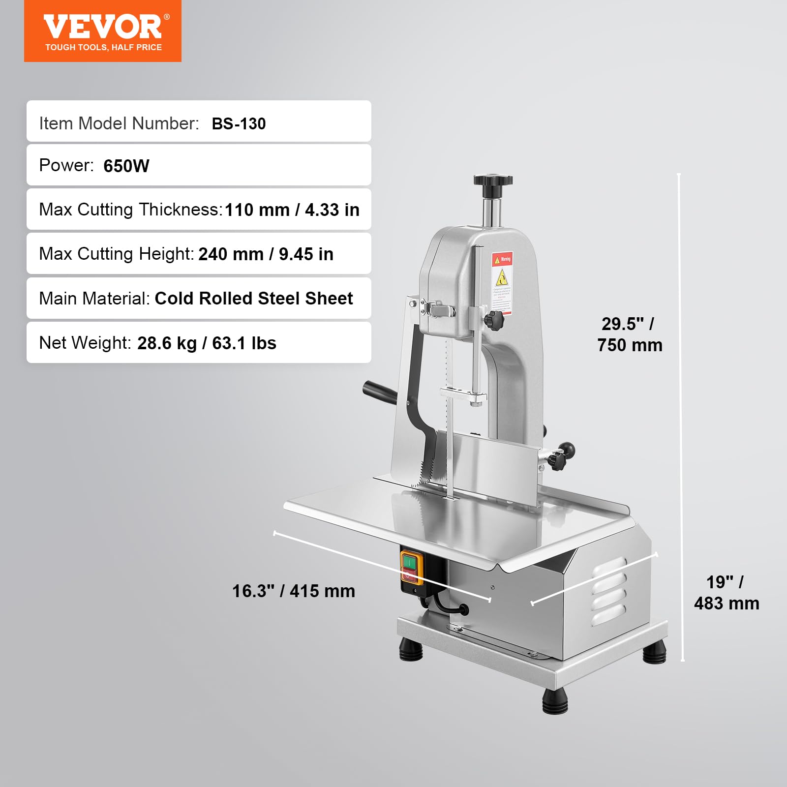 VEVOR Sierra de Cinta Eléctrica Comercial para Carne y Huesos de Acero Inoxidable de 650 W para Encimera, Grosor Máximo de Corte de 110 mm, para Costillas de Cerdo y Res, 415 x 483 x 750 mm, Plata