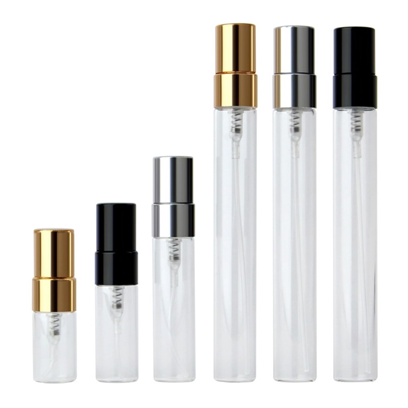 100 botellas de perfume recargables de 2 ml/3 ml/5 ml/10 ml, botellas de perfume vacías con atomizador (color mezclado, vidrio transparente, 5 ml)
