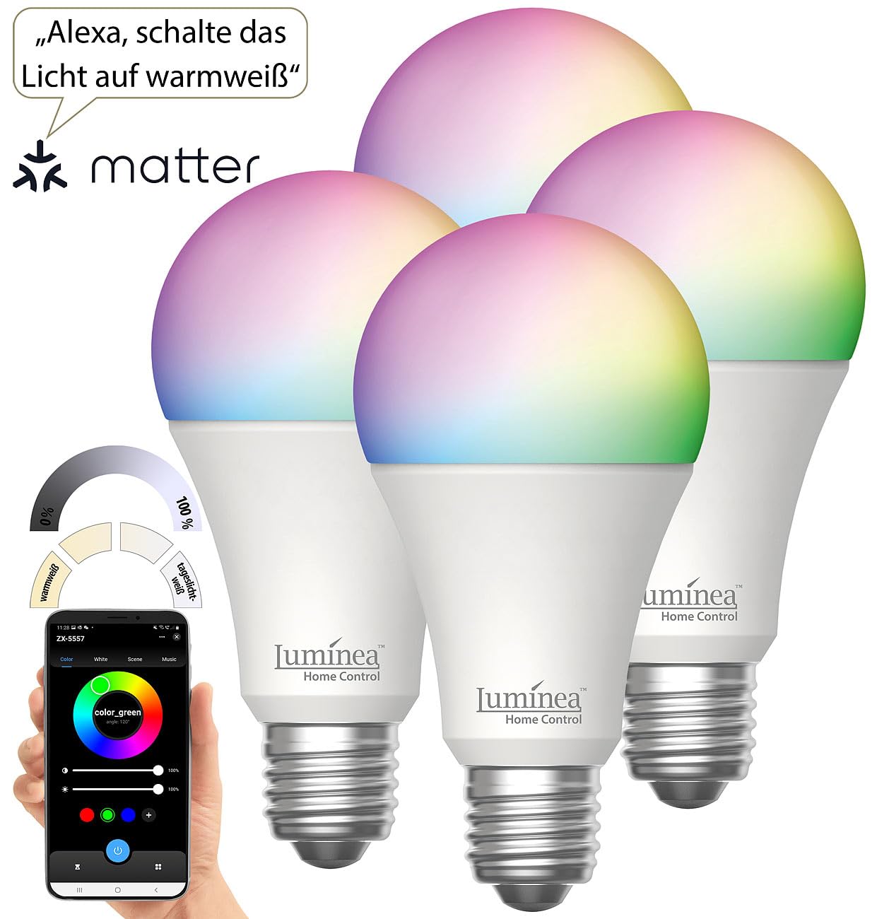 Luminea Home Control LED-Glühbirne kaltweiß: 4er-Set WLAN-LED-Lampen, E27, Matter-kompatibel, RGB, CCT, 806 Lumen (Glühbirne E27 warmweiß, Alexa Birne, Tageslichtlampe)