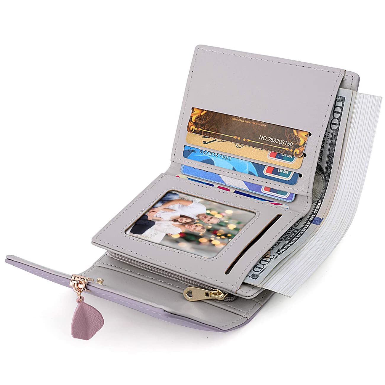 ANYWN Portfel damski z gładkiej i miękkiej sztucznej skóry, mały i krótki, w bardzo pięknych kolorach, z wieloma przegródkami, liliowy
