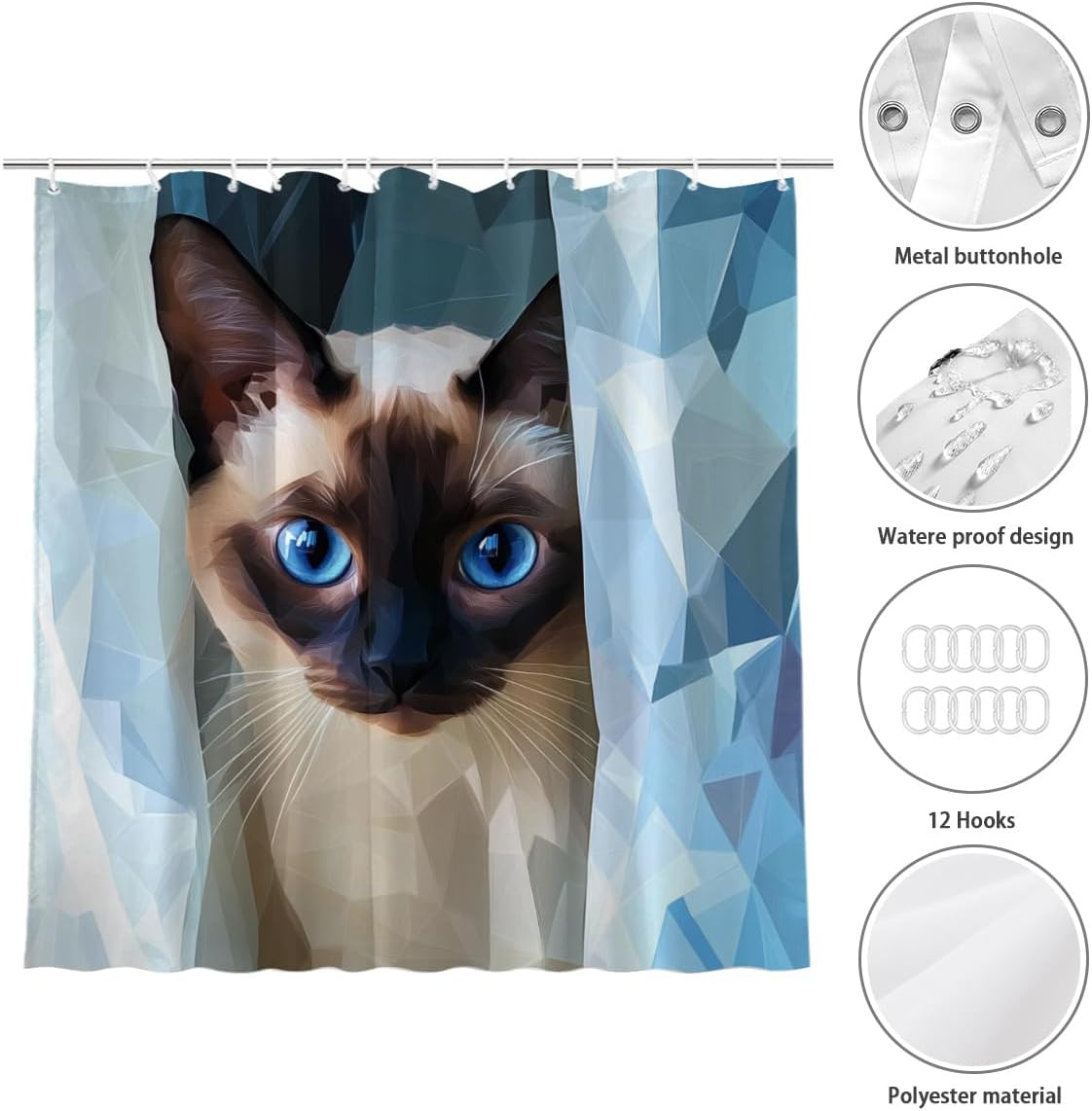 Funny Cute Siamese Cat Shower Curtain, Funny Animals Lovers Gift Bathtub Curtains Set, Vintage Country for Restroom Waterproof Bathroom Decor with 12 Hooks, 72x72 Inches