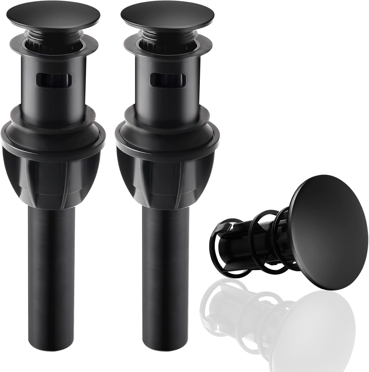 Hibbent 2 Pack Push and Seal Pop Up Drain Stopper with Overflow for Bathroom Sink Faucet Vessel Vanity, Matte Black High-quality Plastic Matte Black